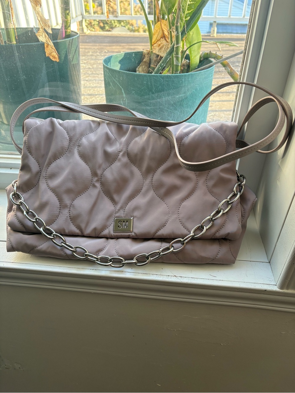 Steve Madden Quilted Chain-Accent Shoulder Bag in Dusty Pink